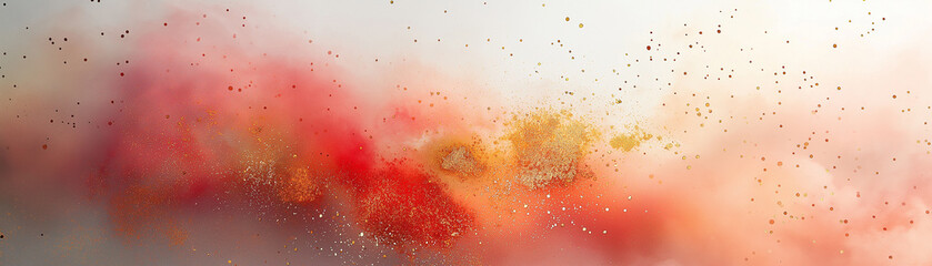 Abstract explosion of vibrant red, orange, and gold powder with scattered particles on white background, evoking energy and creativity