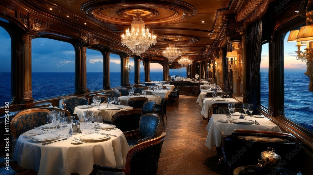 Poster a sophisticated restaurant features rich wood details and elegant chandeliers. tables are set for a 