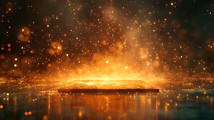 Fototapeta premium A polished glass table glowing softly under golden ambient light, with a blurred distant backdrop of colorful fireworks bursting over a dark horizon, evoking the joy of celebration, hd resolution,