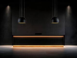 Minimalist reception with dark wood accents, soft lighting, and a clean, open layout, dark wood reception, modern, warm