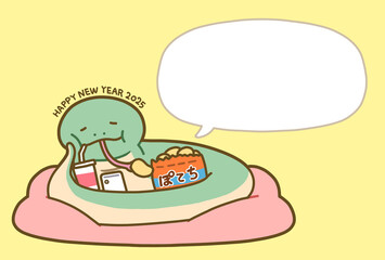 ポテチを食べながらくつろぐヘビ（文字なし背景黄色年賀状サイズ）