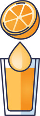 Illustration of an orange slice and juice drop above a glass, symbolizing freshness.