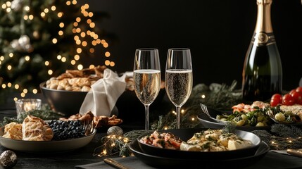 Fototapeta premium Festive table setup with champagne glasses and appetizers for a celebration