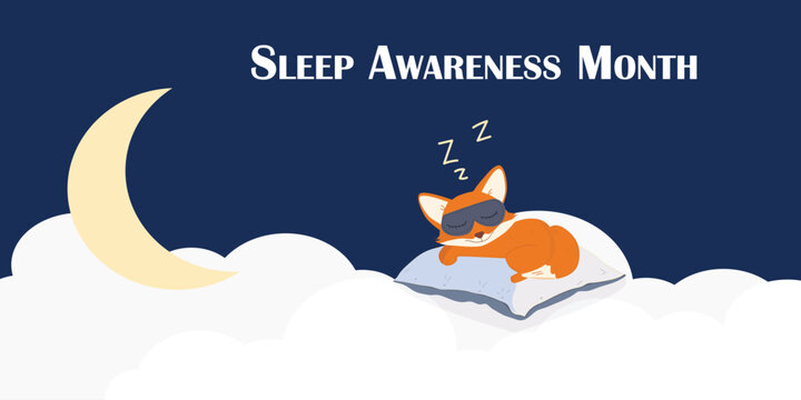 National Sleep Awareness Month is in March. A fox is sleeping on pillows with a sleep mask on her face.
