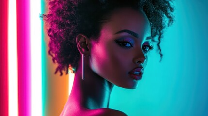 Fototapeta premium Cinematic portrait Concept. Artistic portrait of a fashionable woman with glowing neon lights, showcasing vibrant colors, curly hair, and a confident pose.
