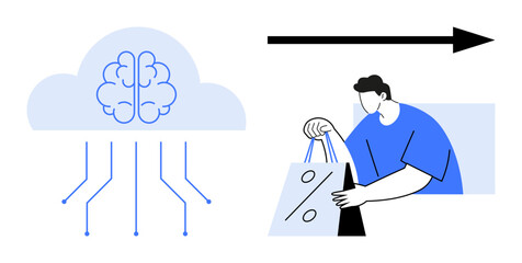 Cloud with brain connections, man holding shopping bags with discount sign, arrow pointing right. Ideal for technology, data integration, AI, retail, e-commerce shopping digital advancement. Line