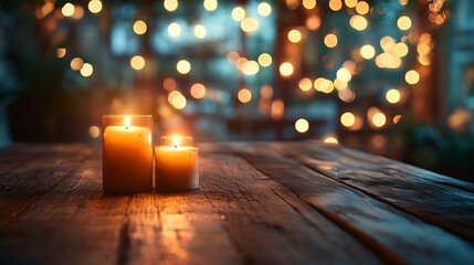 A rustic table with a rugged, textured surface softly lit by candlelight, surrounded by a blurred glow of vibrant party lights, capturing the essence of a warm and nostalgic celebration,