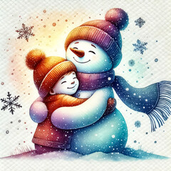 A snowman being hugged by a child, with snow falling gently around them.