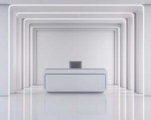 Minimalist reception area with an openplan layout, clean white surfaces, and a modern, floating desk, floating desk design, sleek, futuristic