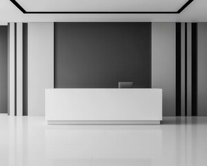 Minimalist reception area with an openplan layout, clean white surfaces, and a modern, floating desk, floating desk design, sleek, futuristic