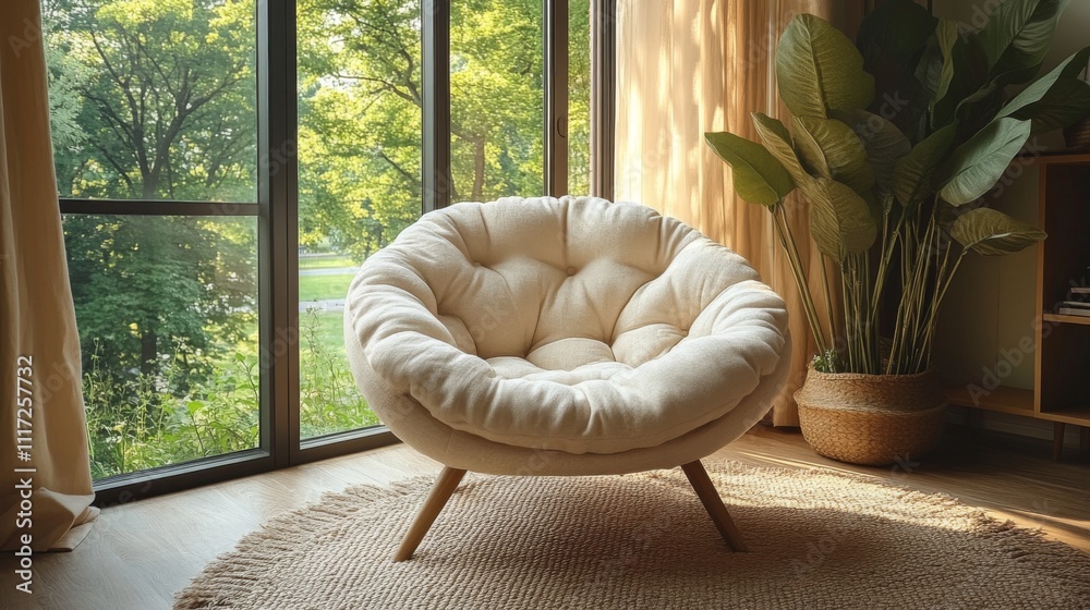 Poster a comfortable circular chair sits on a woven rug in a sunlit room. large windows frame a view of lus
