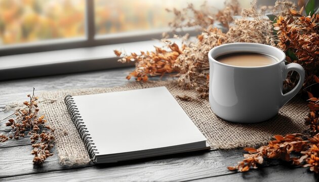 A cup of coffee, a blank notebook, and dried flowers on a wooden table. Perfect for promoting cozy fall vibes or showcasing your brand.