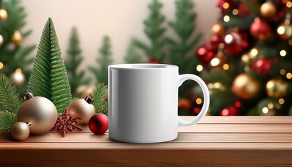 A cozy indoor holiday scene with a blurred Christmas tree in the background.