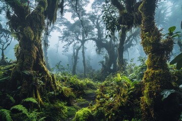 Fototapeta premium A misty forest scene with lush greenery and towering trees covered in moss.