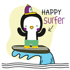 Cute cartoon penguin surfing on wave with happy expression and playful text HAPPY SURFER. Fun kids beach adventure concept
