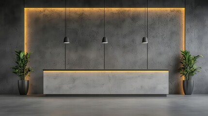 Minimalist hotel reception with sleek metal accents, polished surfaces, and subtle lighting, minimalist metal reception, modern, industrial