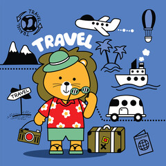 Cute cartoon lion traveler with luggage and travel icons like airplane, boat, and mountains in fun holiday scene. Kids vacation adventure concept
