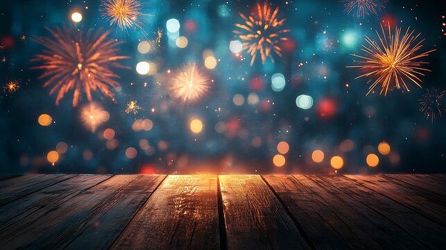 A simple wooden table glowing softly under ambient light, with a dreamy blurred background of vibrant fireworks and a glittering festive skyline, creating a magical celebration ambiance, hd quality,