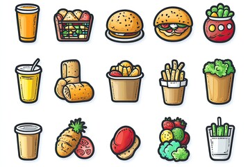 Set of colorful fast food icons. Use for menu, branding, or social media.