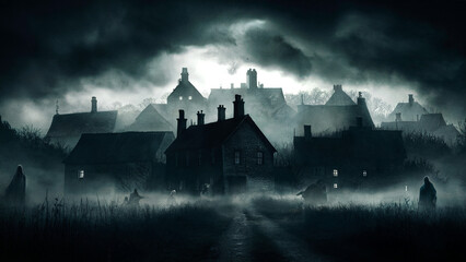 Naklejka premium Spooky Villages in Mysterious fog