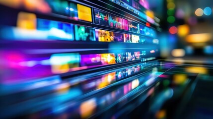 Abstract digital interface with vibrant colors and multiple video clips.