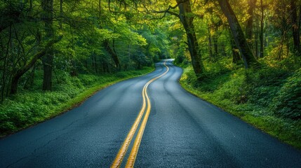 Obraz premium Road passing through a tunnel of lush green trees and foliage