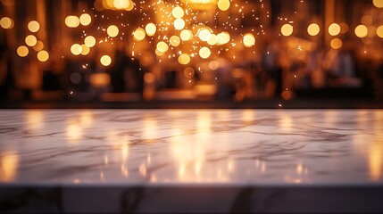 Fototapeta premium A sleek white marble table illuminated by warm golden light, surrounded by a blurred crowd with colorful New Year party lights and sparklers, evoking the energy and joy of celebration, hd resolution,