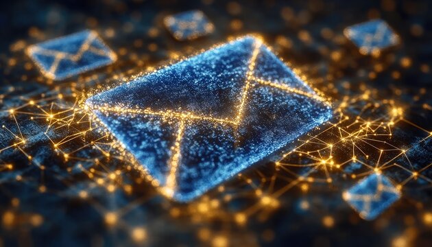 Blue glowing email icon on a network. An abstract image for use in marketing campaigns, digital technology articles, and web design. - Powered by Adobe