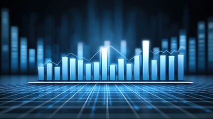 Abstract financial data graphic showing increasing bar graphs and lines.