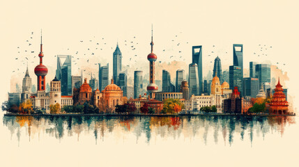 Naklejka premium vibrant skyline of Shanghai with iconic landmarks and reflections