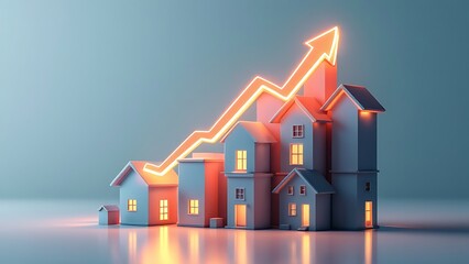 3D stack of houses with a financial growth chart on top, symbolizing real estate investment, market trends, and property value increase. Ideal for financial, business, and investment visuals.