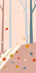 Minimalist Autumn Forest Scene with Falling Leaves and Bare Trees