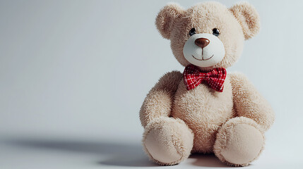 Obraz premium A teddy bear wearing a red bow tie sits on a white background