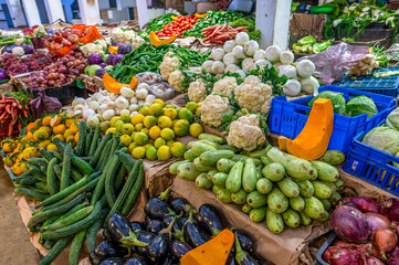 Vegetable stand at the street market in the medina.