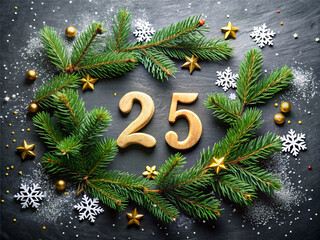 2025 New Year composition. New year holidays card with сhampagne, festive decorations.