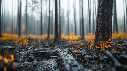 Obraz premium An image showing the effects of acid rain on forest ecosystems with damaged trees and foliage.