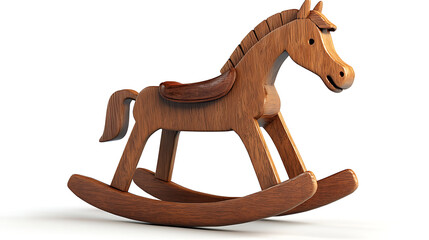 A wooden rocking horse is shown in a white background