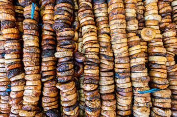 Traditional Arabic stands with figs at the street market in medina of Sousse, Tunisia.