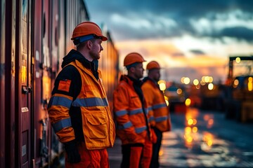 Four workers in safety gear stand against containers at sunset. The scene shows teamwork and industry. The colors create a warm, inviting atmosphere. Generative AI