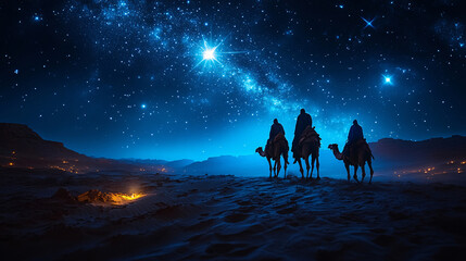 Christmas Jesus birth concept - Adoration of the Magi, Three Wise Men, Three Kings, and the Three biblical Magi with camel silhouettes journeying in sand dunes of desert follow Bethlehem star at night