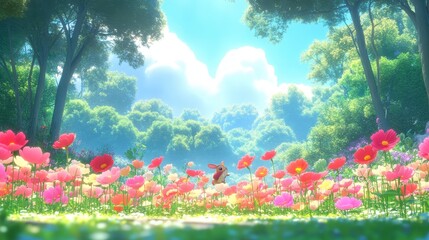 Adorable bunny in a vibrant flower meadow bathed in sunlight. Lush forest in background.