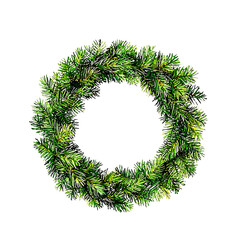 A circular watercolor wreath featuring vibrant green leaves and clusters of red berries arranged in a delicate, natural style against a white background.
