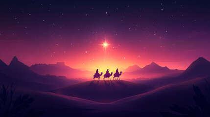 Fototapeta premium Christmas Jesus birth concept - Adoration of the Magi, Three Wise Men, Three Kings, and the Three biblical Magi with camel silhouettes journeying in sand dunes of desert follow Bethlehem star at night