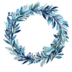 A circular watercolor wreath featuring vibrant green leaves and clusters of red berries arranged in a delicate, natural style against a white background.
