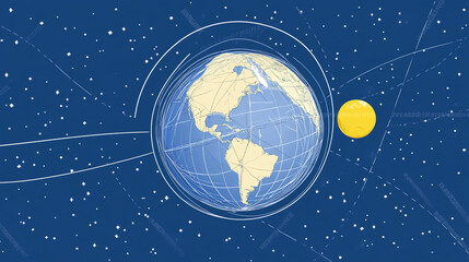 Fototapeta premium Earth axis diagram illustration showing the tilt of the Earth's rotational axis relative to its orbital plane, explaining the cause of seasonal changes and the distribution of sunlight.