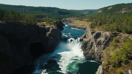Obraz premium Aerial view of a waterfall cascading into a river gorge, surrounded by lush green forests and rocky cliffs.