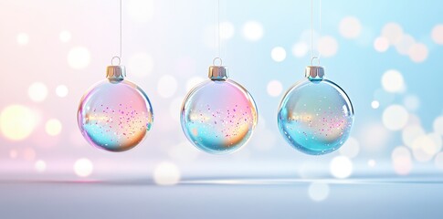 Delicate glass ornaments with iridescent details shimmering in soft, warm light, perfect for festive decor.