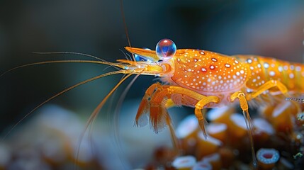 Close-up of an orange speckled shrimp underwater, showcasing its intricate details and vibrant colors against a blurred background.