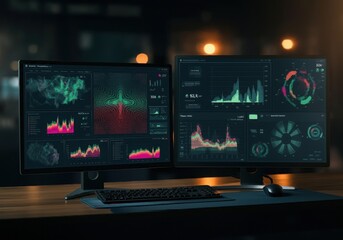 Fototapeta premium Data analysis science and big data with AI technology. Analyst or Scientist use a computer and dashboard for analysis of information on complex data sets on computer. Insights development engineer