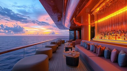 Fototapeta premium A lavish lounge on a yacht features plush seating and an elegantly lit bar, set against a breathtaking sunset over the ocean horizon.
